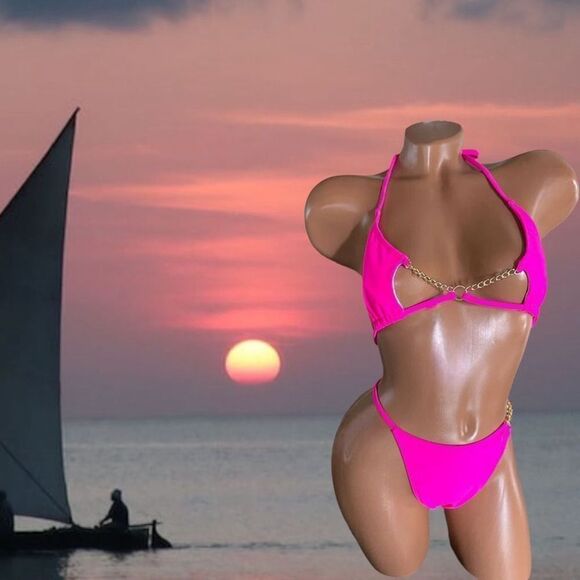Gold Accented Hot Pink l String Triangle l Bikini l Thong l M/L l New - Picture 1 of 9